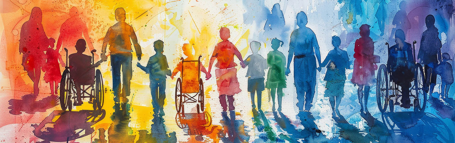 Aquarellbild mit Menschen, die sich an den Händen halten